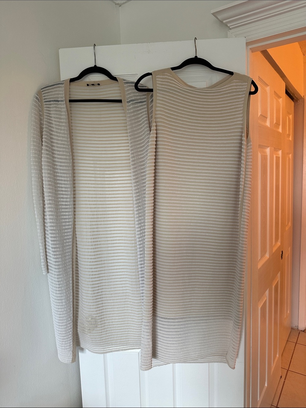 Lafayette 148 New York Cream & White Striped Midi Dress and Cardigan set - Picture 5 of 5